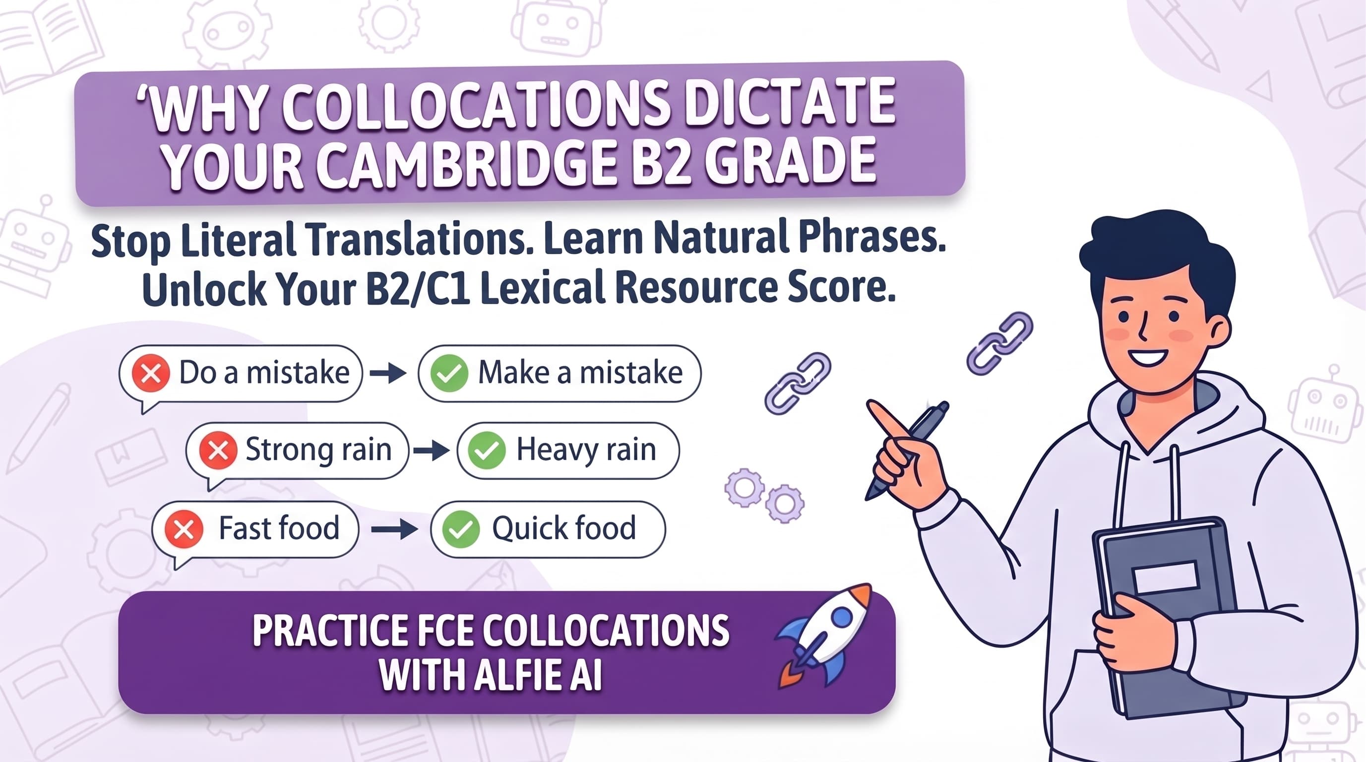 Stop literal translations. Learn natural phrases, unlock your B2/C1 lexical resource score with this fce collocations list